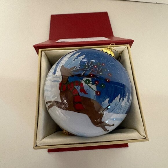 Pier 1 Imports Hand-Painted Li Bien Blue Glass Ornament Reindeer Scene 2018 - Picture 3 of 9